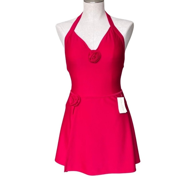 Oscar De La Renta Red Swimsuit Size 10 With Matching Cover-Up Mini Skirt S/M NWT - Picture 4 of 12
